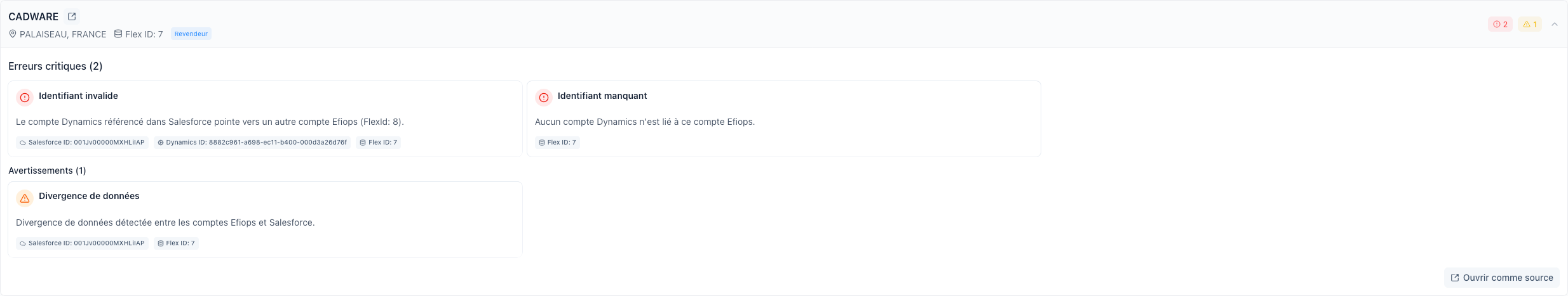 Compte CADWARE avec erreurs critiques (identifiant invalide, identifiant manquant) et avertissement