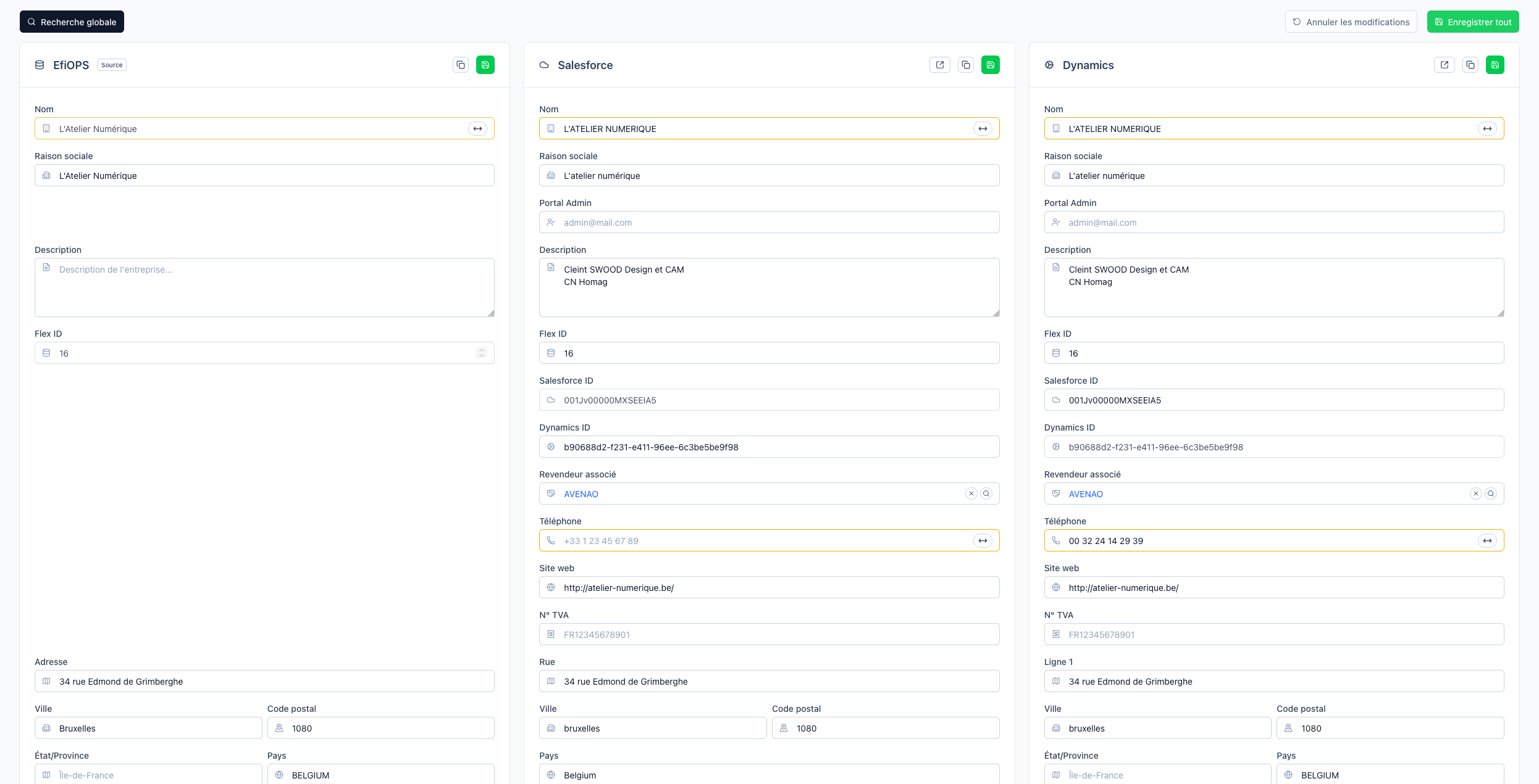 Vue tri-panneaux EfiOPS / Salesforce / Dynamics avec formulaires alignés et résultats de recherche