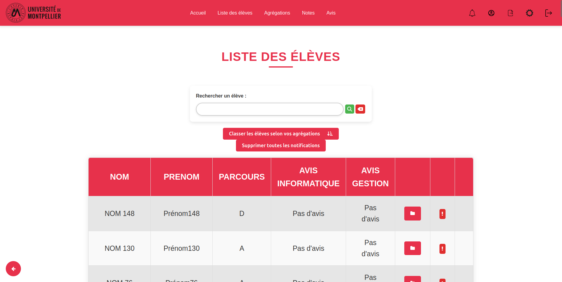 Tableau de notes des étudiants après import Excel dans Sconote